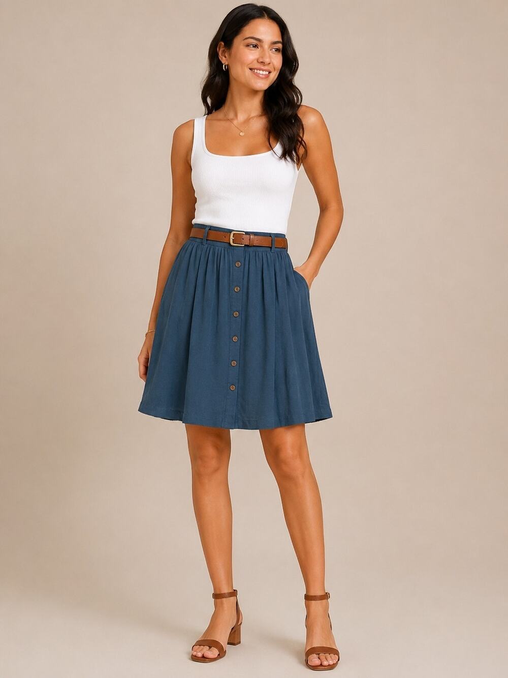 Tulip B NWT Belted A-Line Skirt Womens Small Faux Button Front w/ Pockets